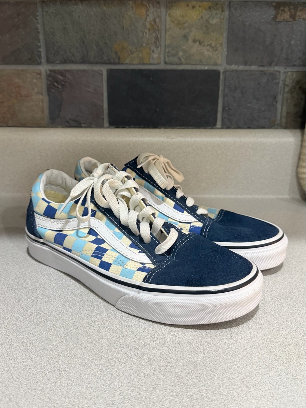 Vans Checkerboard Old Skool in Navy, Light Blue, Cream & Yellow Size 6